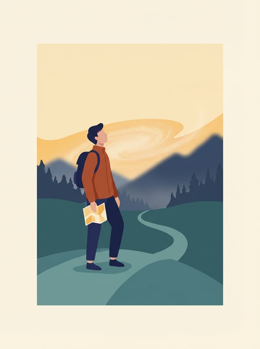 Lone traveler at the foot of an unknown trail