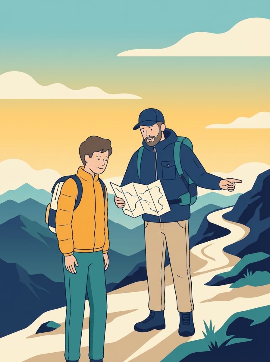 The traveler meets an experienced mountain guide who points out the path ahead on a map