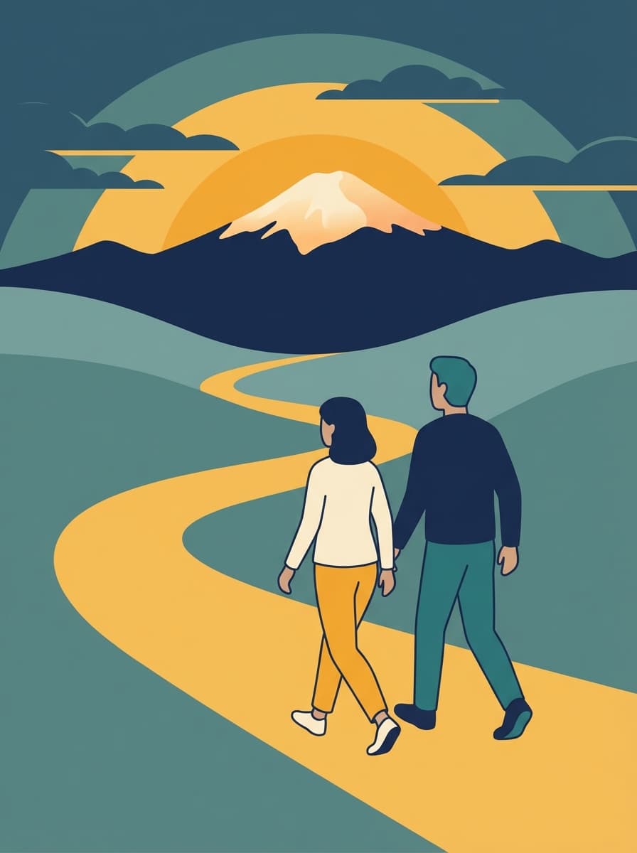 The traveler and guide walking the path together toward an illuminated summit